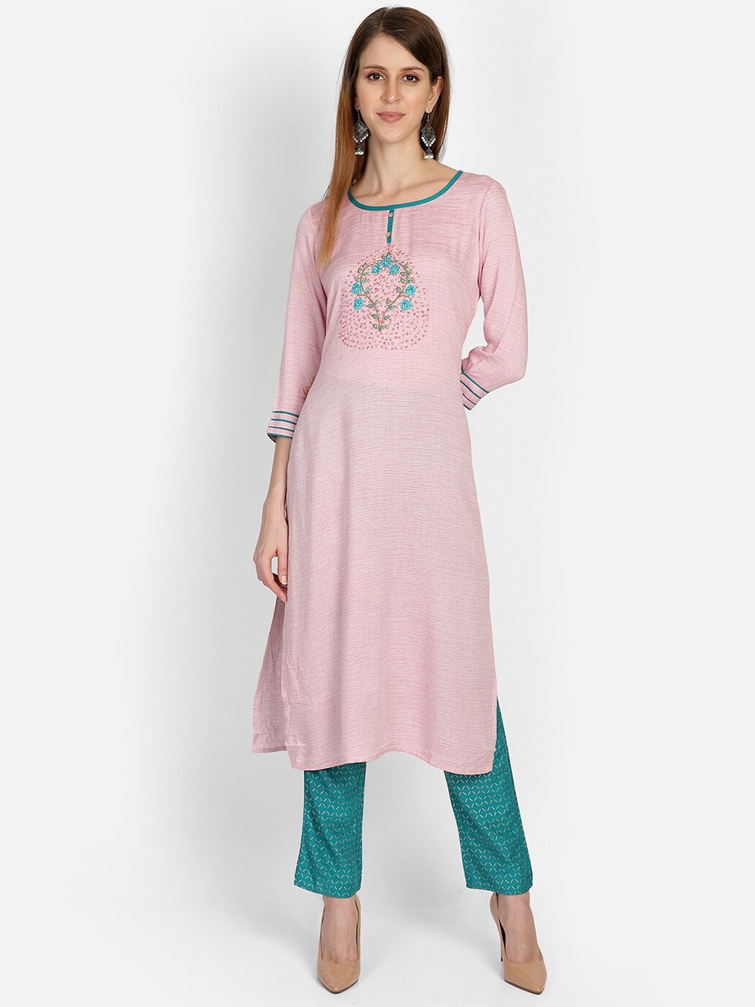 

Bani Women Pink Floral Embroidered Liva Kurta with Trousers