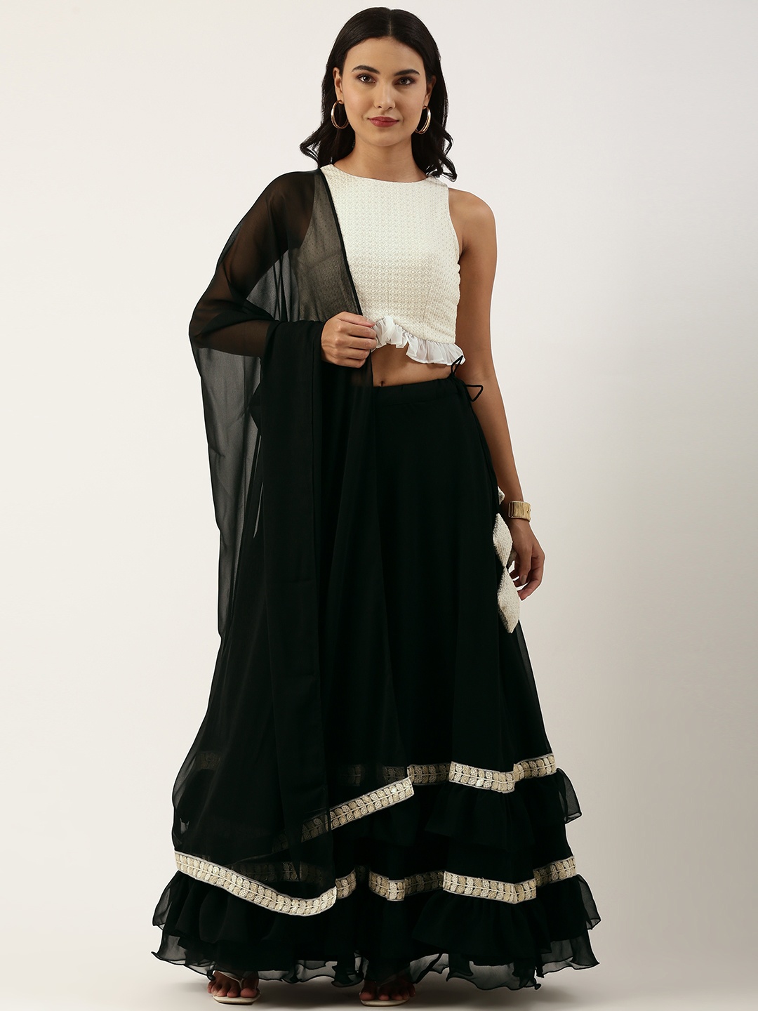 

Ethnovog Black White Embroidered Sequinned Made to Measure Lehenga Blouse With Dupatta