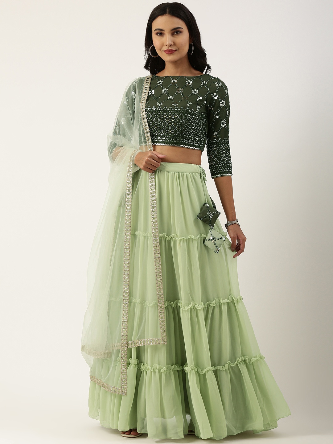 

Ethnovog Green Embroidered Sequinned Made to Measure Lehenga Blouse With Dupatta