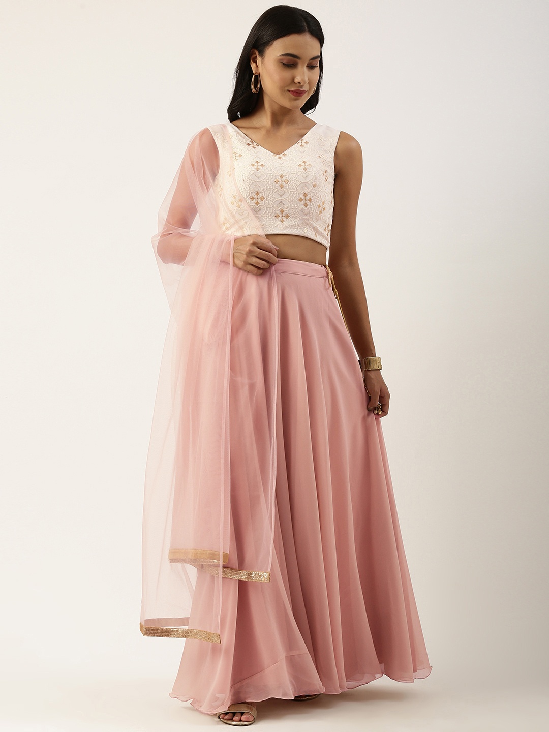 

Ethnovog White Pink Embroidered Made to Measure Lehenga Blouse With Dupatta