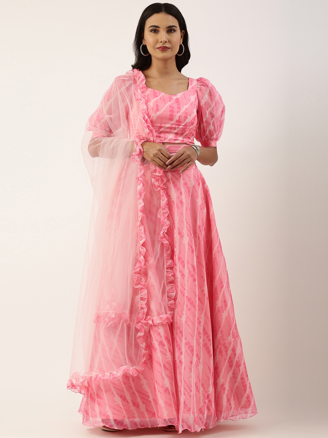 

Ethnovog Pink Printed Made to Measure Lehenga Blouse With Dupatta