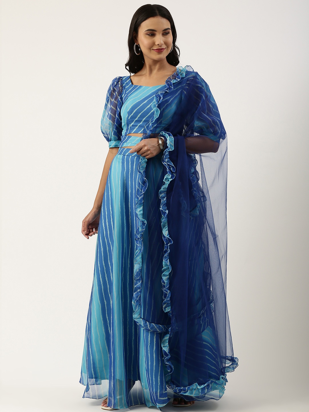 

Ethnovog Blue Digital Printed Made to Measure Lehenga Blouse With Dupatta