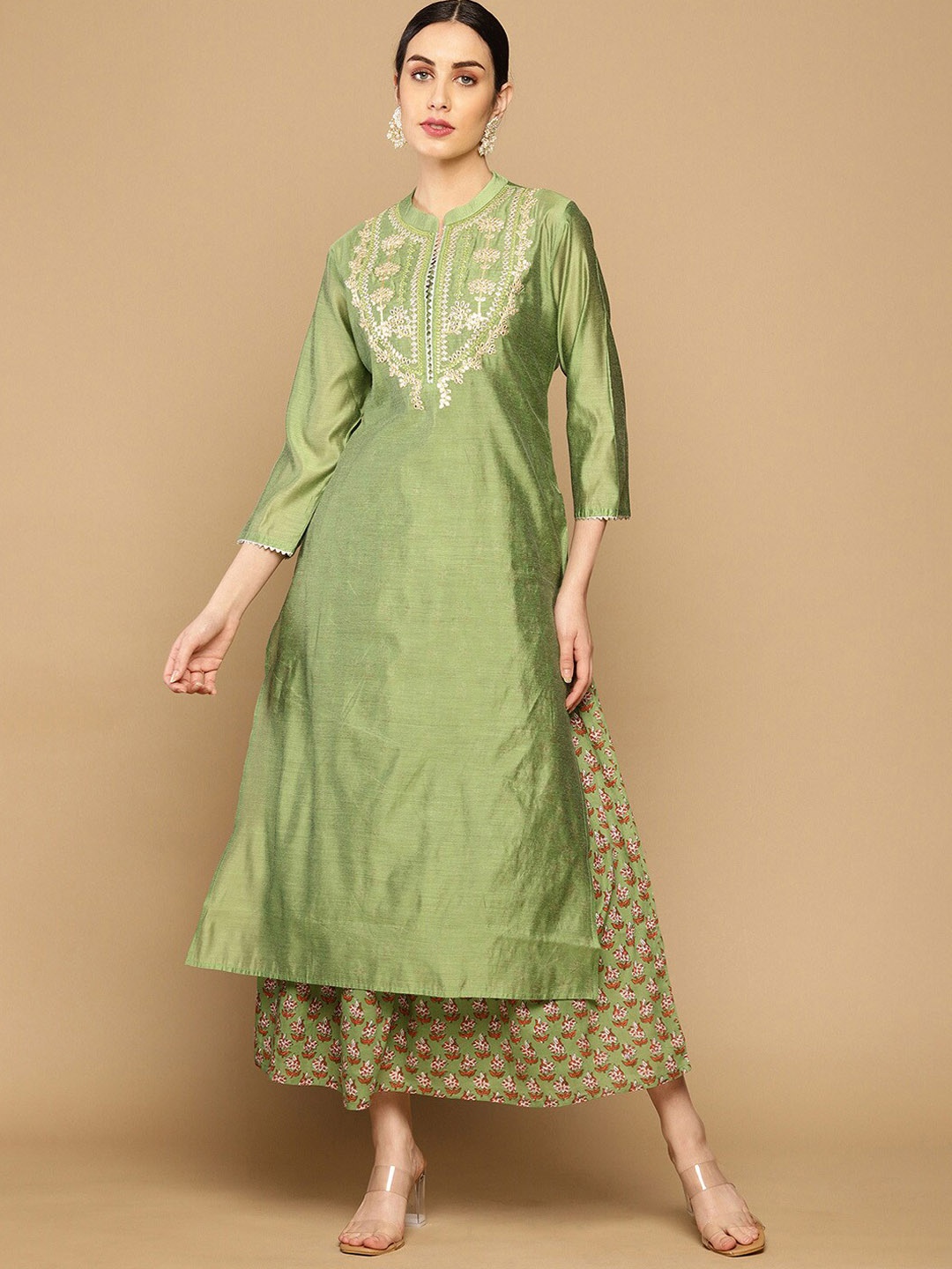 

Soch Women Green & Rust Yoke Design Embroidered Kurta