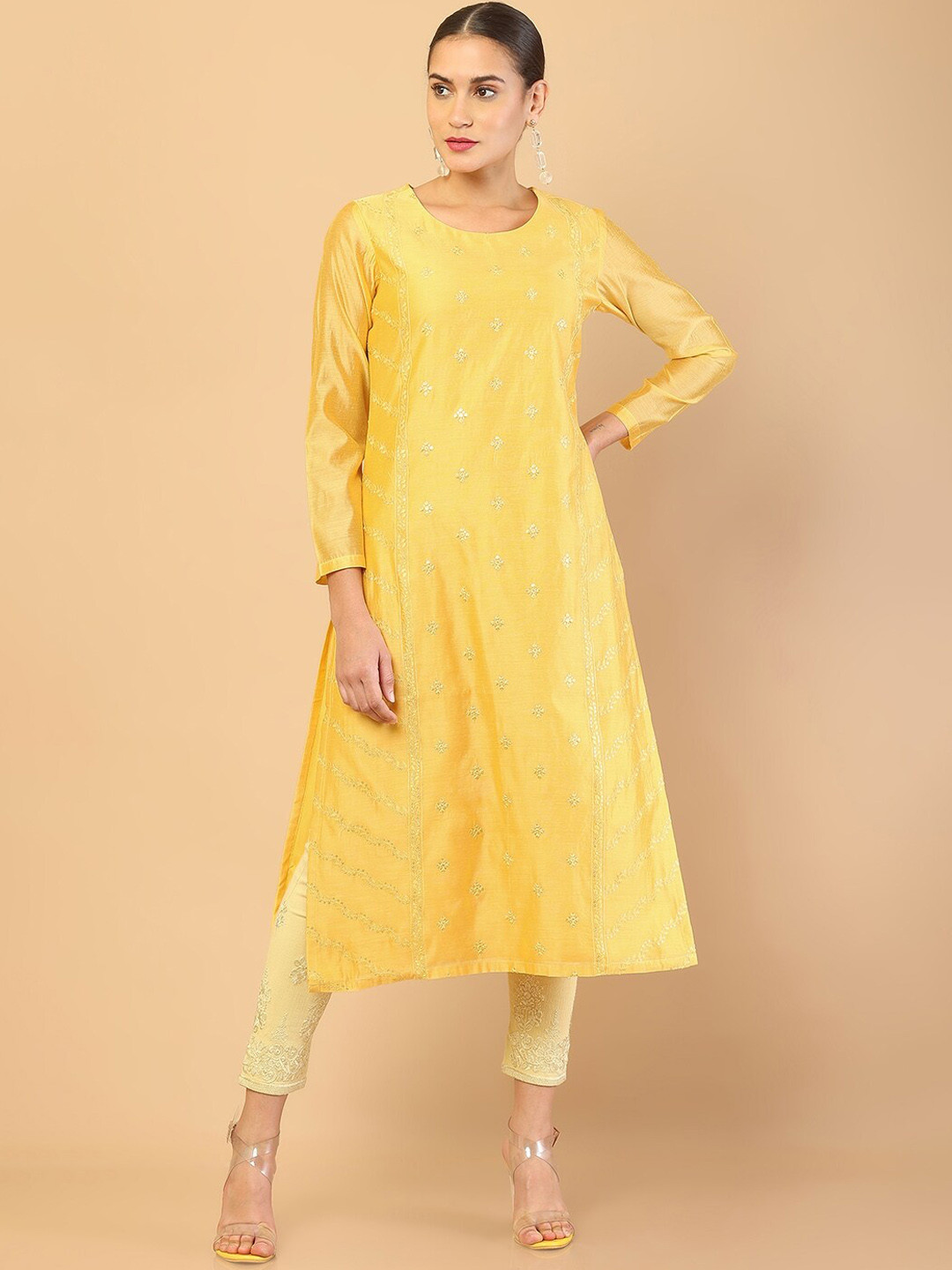 

Soch Women Mustard Yellow Ethnic Motifs Embroidered Mirror Work Kurta