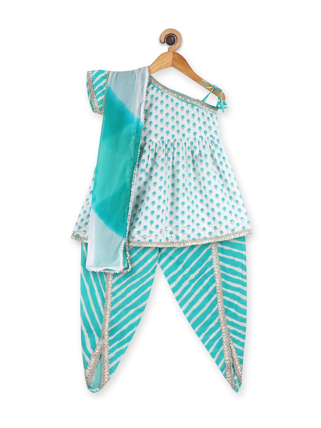 

Ka-mee Girls Green Printed Angrakha Printed Pure Cotton Kurti With Dhoti Pants