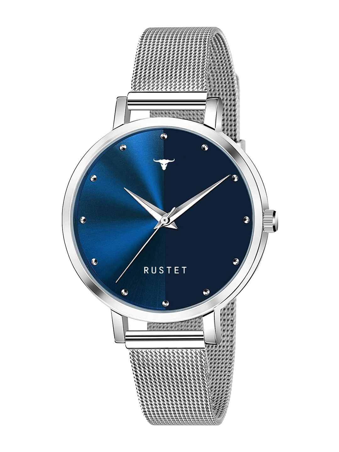

RUSTET Women Blue Brass Printed Dial & Steel Toned Stainless Bracelet Analogue Watch, Silver