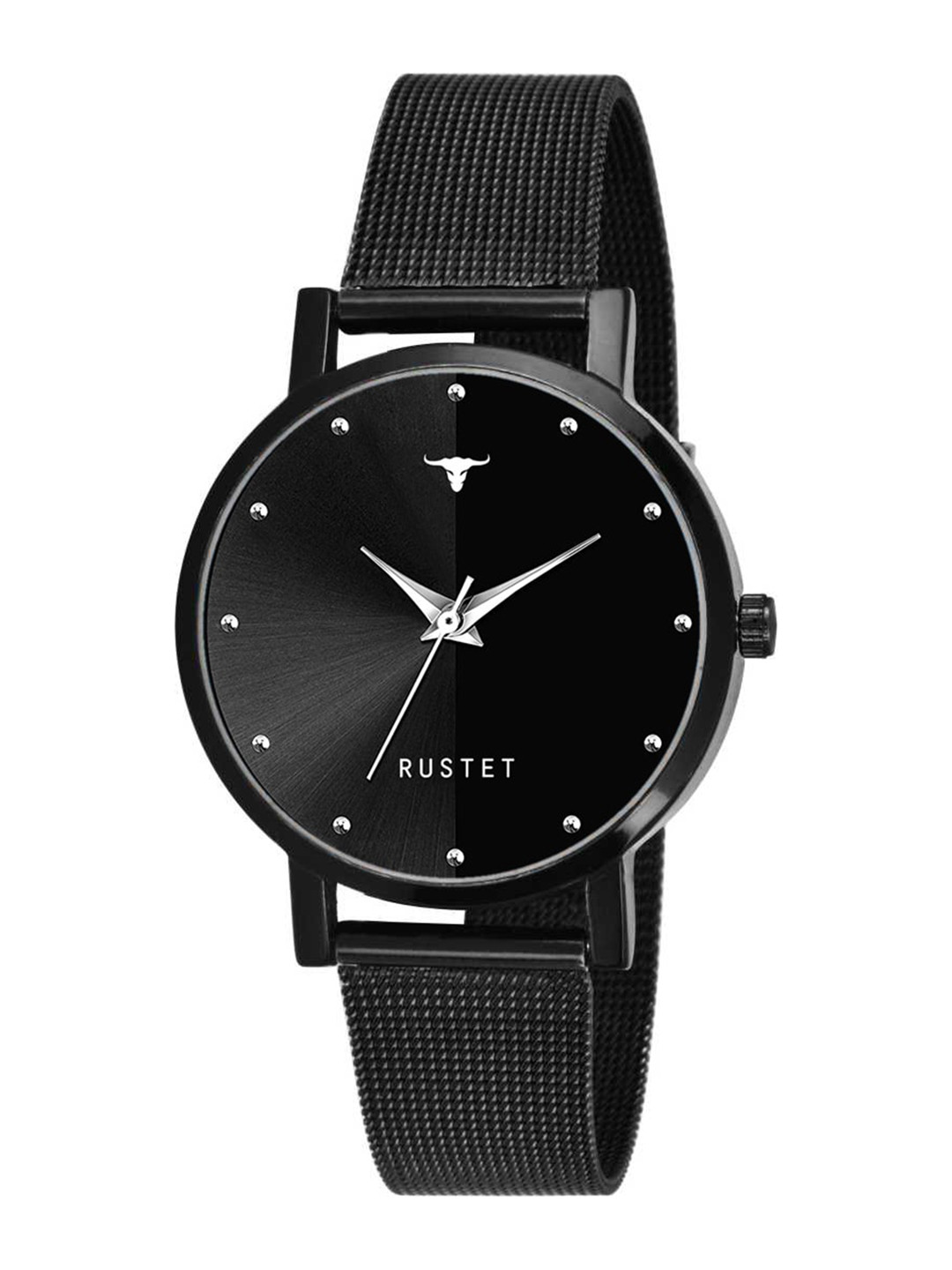 

RUSTET Women Black Brass Embellished Dial & Black Stainless Steel Bracelet Style Straps Analogue Watch