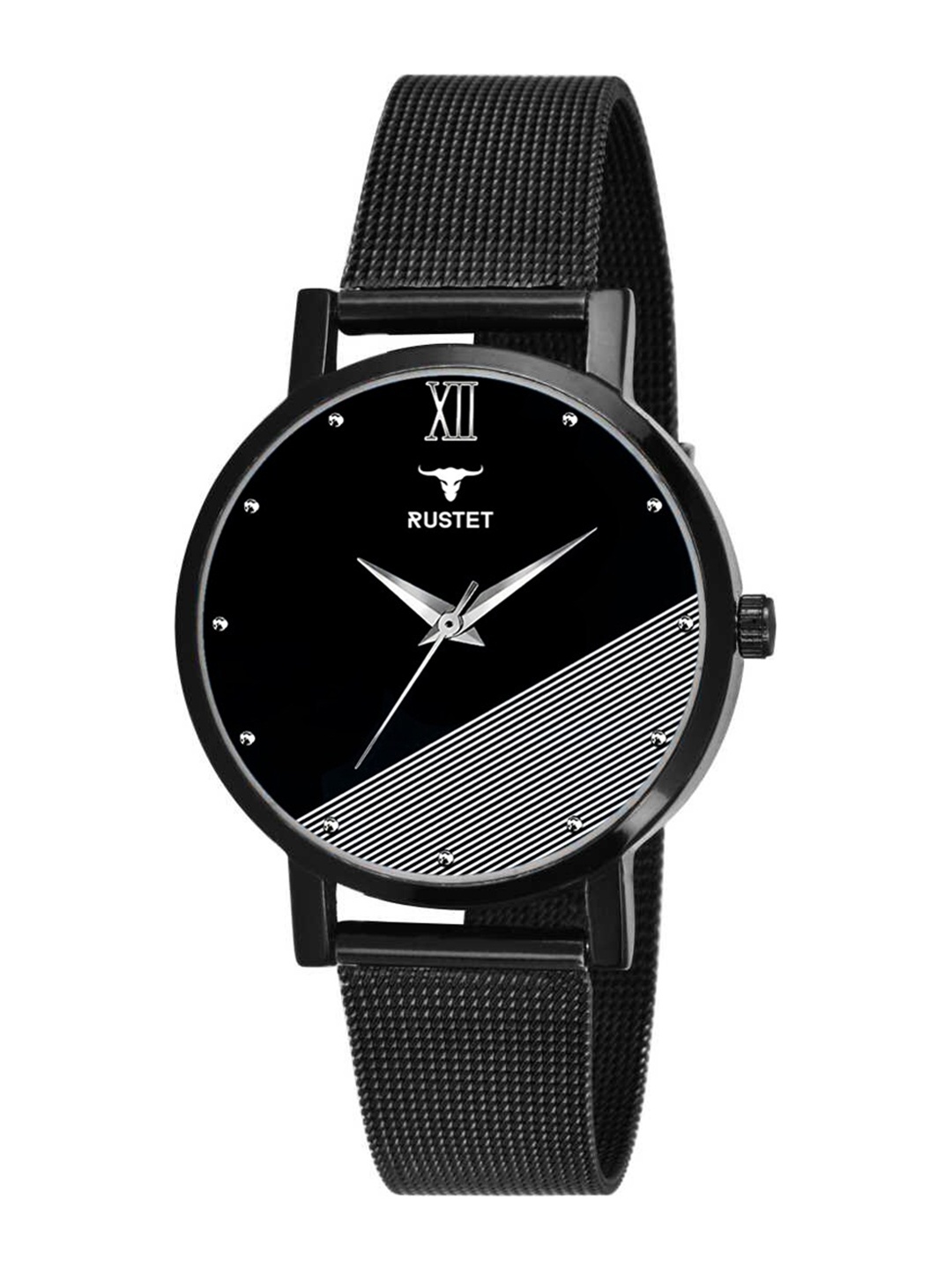 

RUSTET Women Black Brass Printed Dial & Black Stainless Textured Straps Analogue Watch