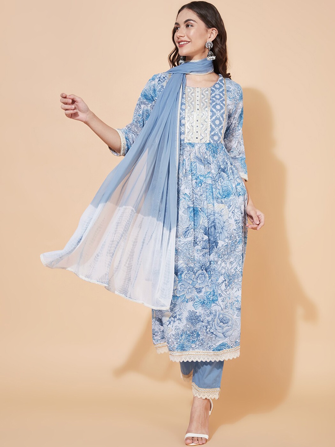

Envy Me by FASHOR Women Blue Embroidered Sequinned Kurta with Trouser & With Dupatta