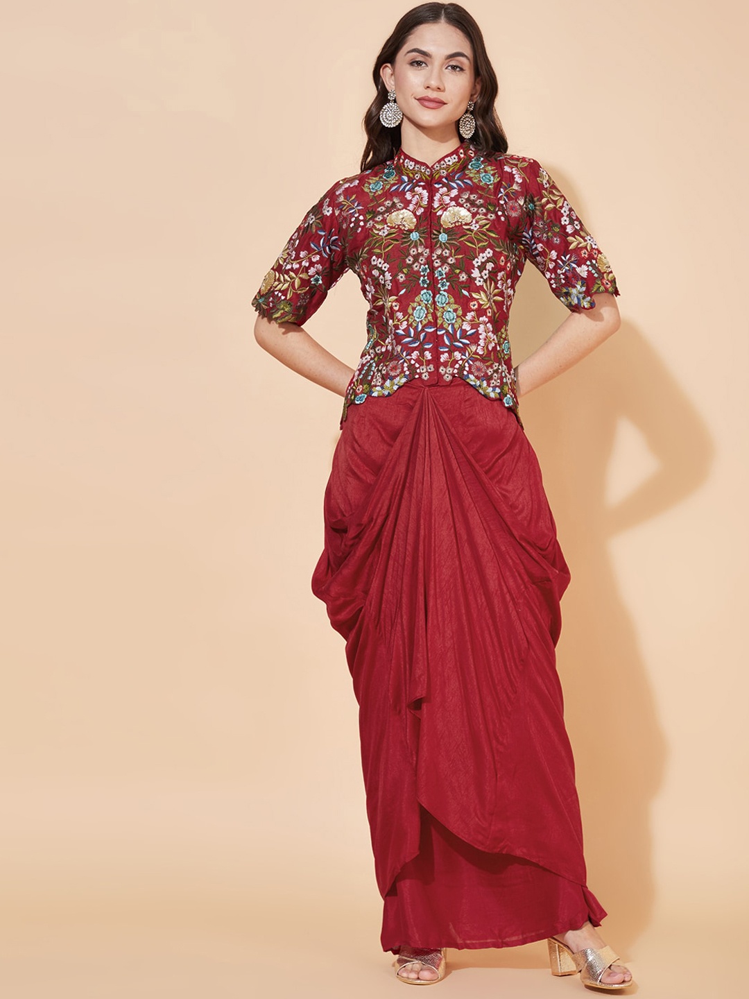 

Envy Me by FASHOR Women Maroon & Blue Floral Embroidered Top With Skirt
