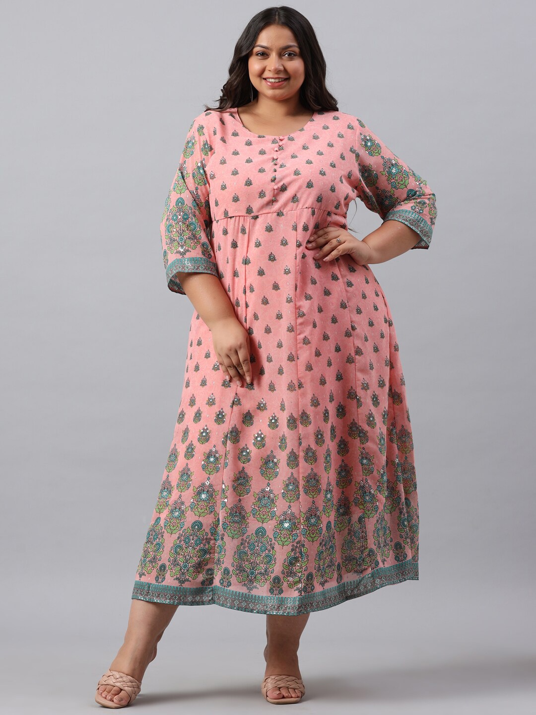 

Juniper Pink Plus Size Ethnic Motifs Georgette Ethnic Empire Midi Dress