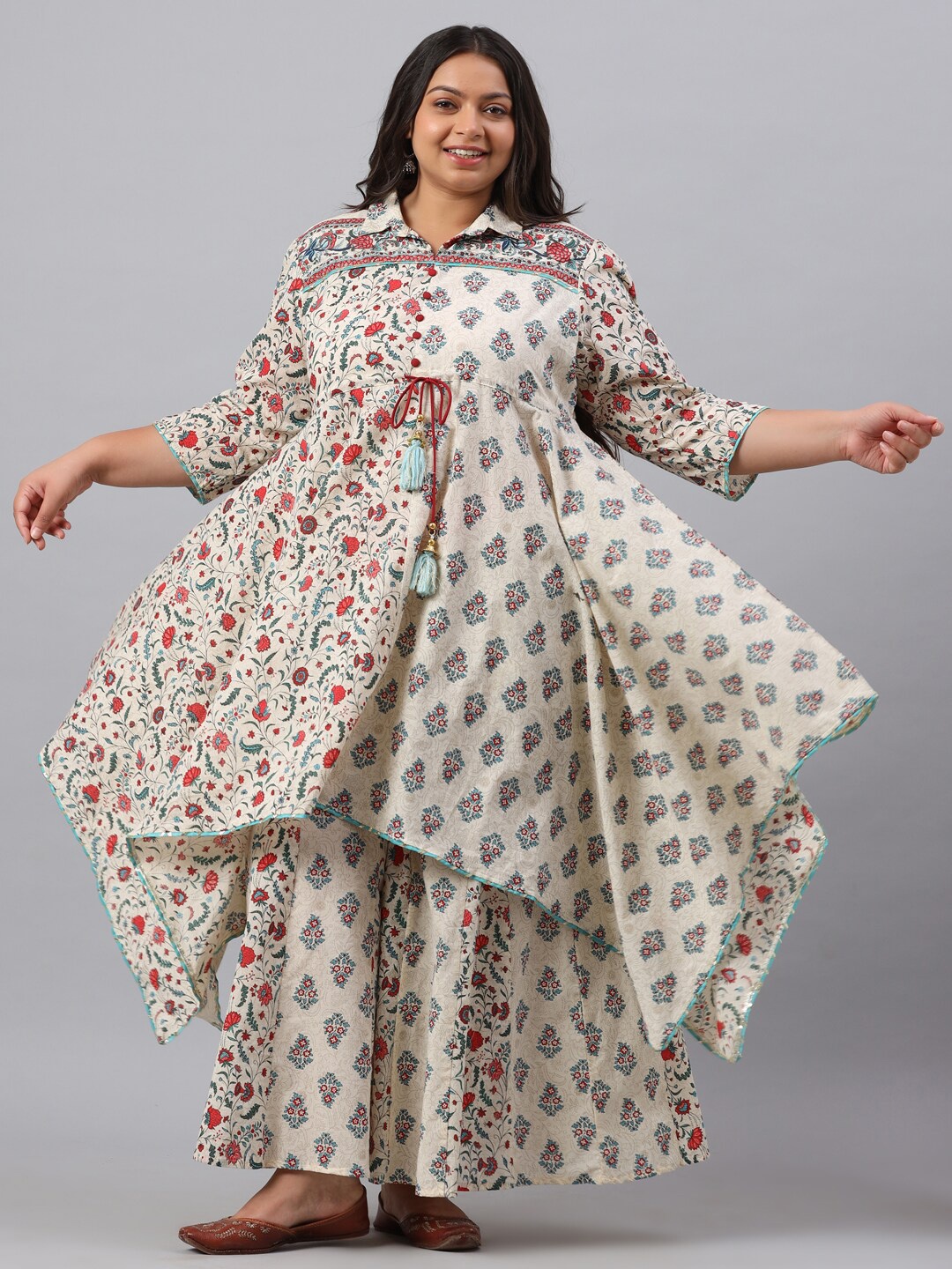 

Juniper Plus Size Women Beige Ethnic Motifs Printed Empire Kurta with Palazzos