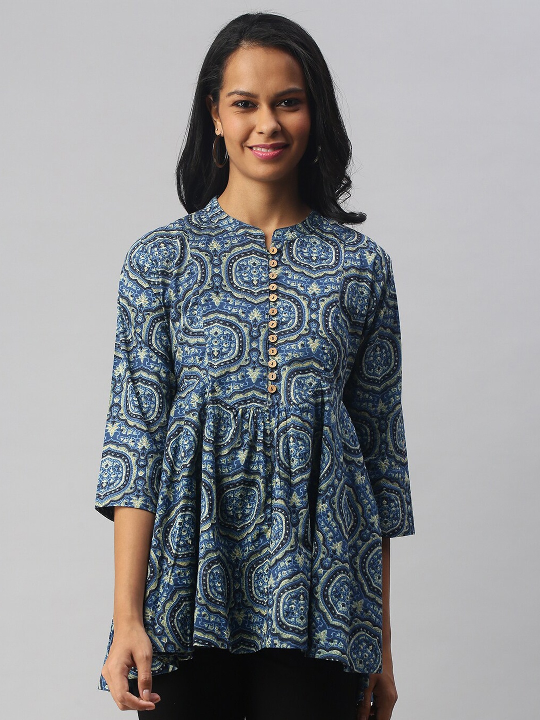 

Soch Blue & White Viscose Rayon Mandarin Collar Printed Tunic