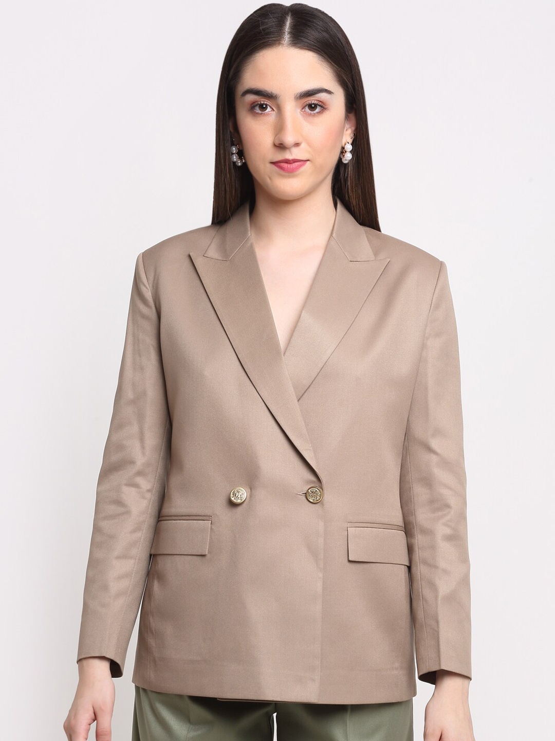 

Ennoble Women Khaki Solid Double-Breasted Blazers