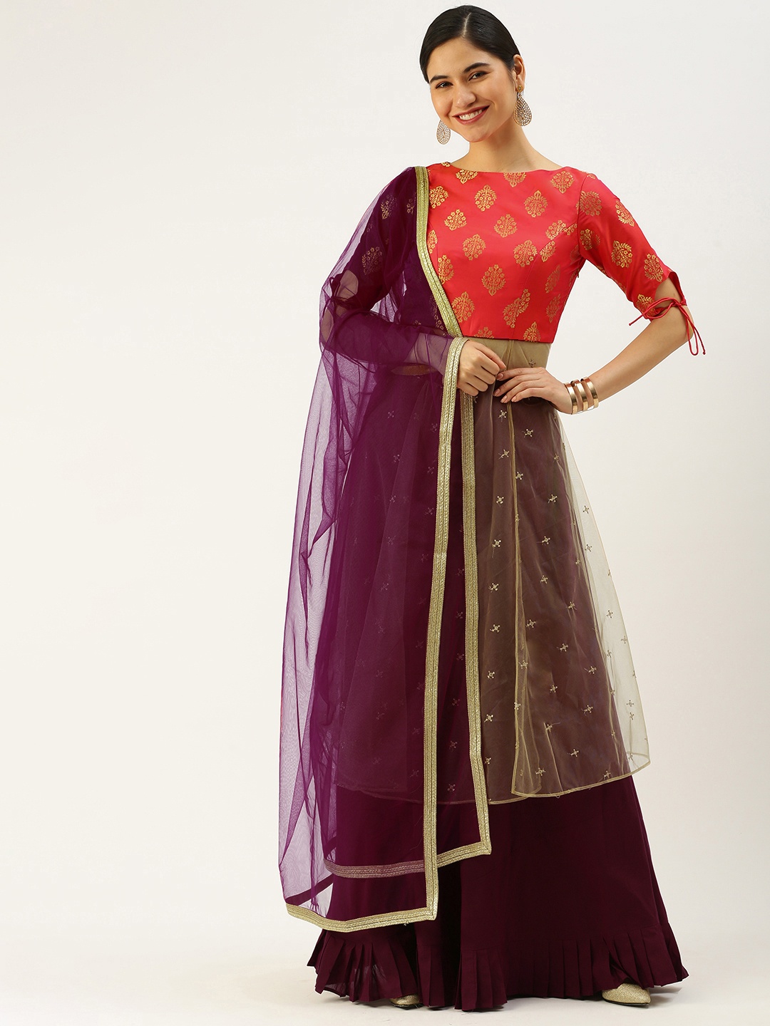 

Ethnovog Beige Purple Printed Made to Measure Lehenga Blouse With Dupatta