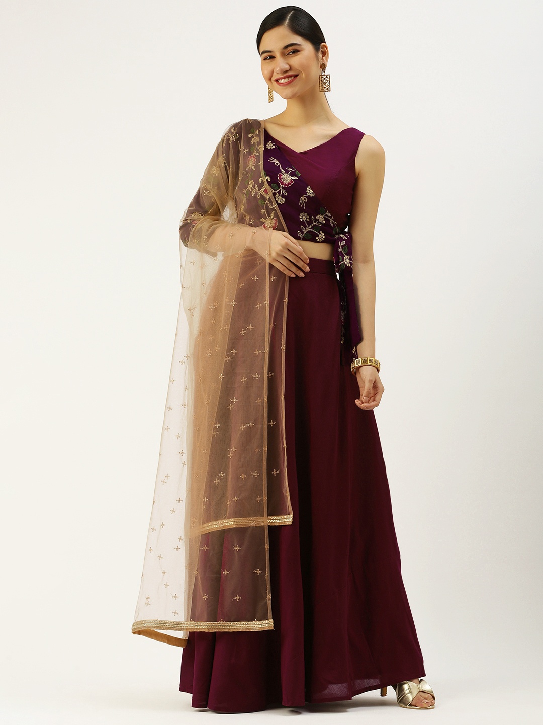 

Ethnovog Burgundy Gold-Toned Embroidered Made to Measure Lehenga Blouse With Dupatta