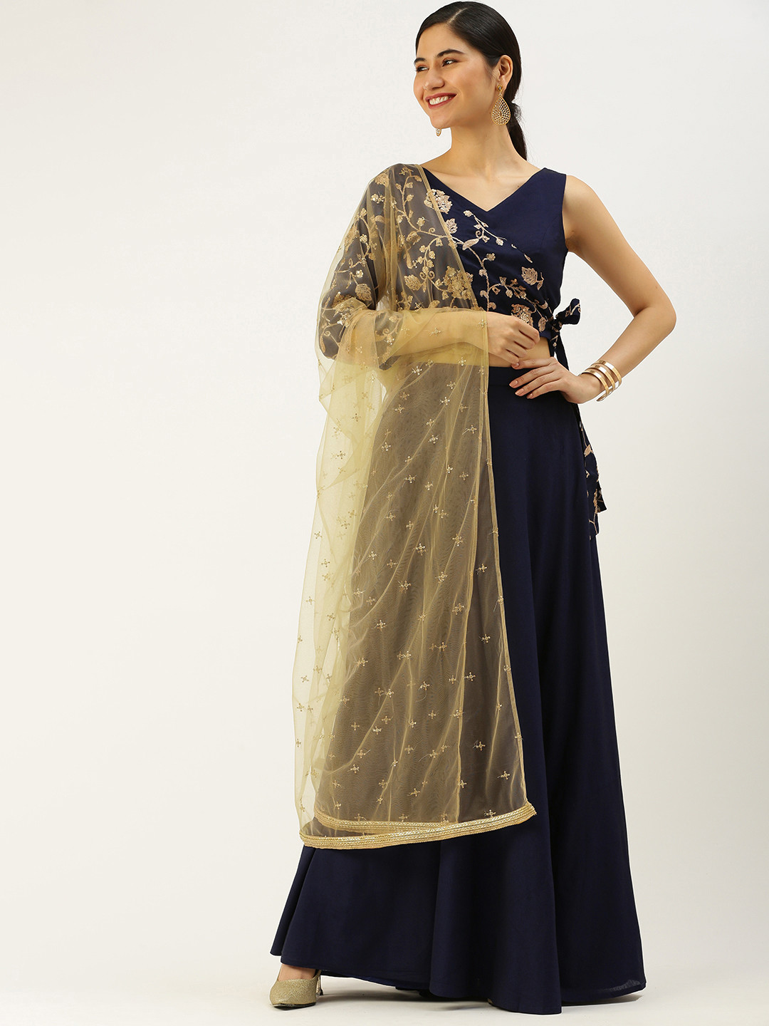

Ethnovog Navy Blue Gold-Toned Printed Made to Measure Lehenga Blouse With Dupatta