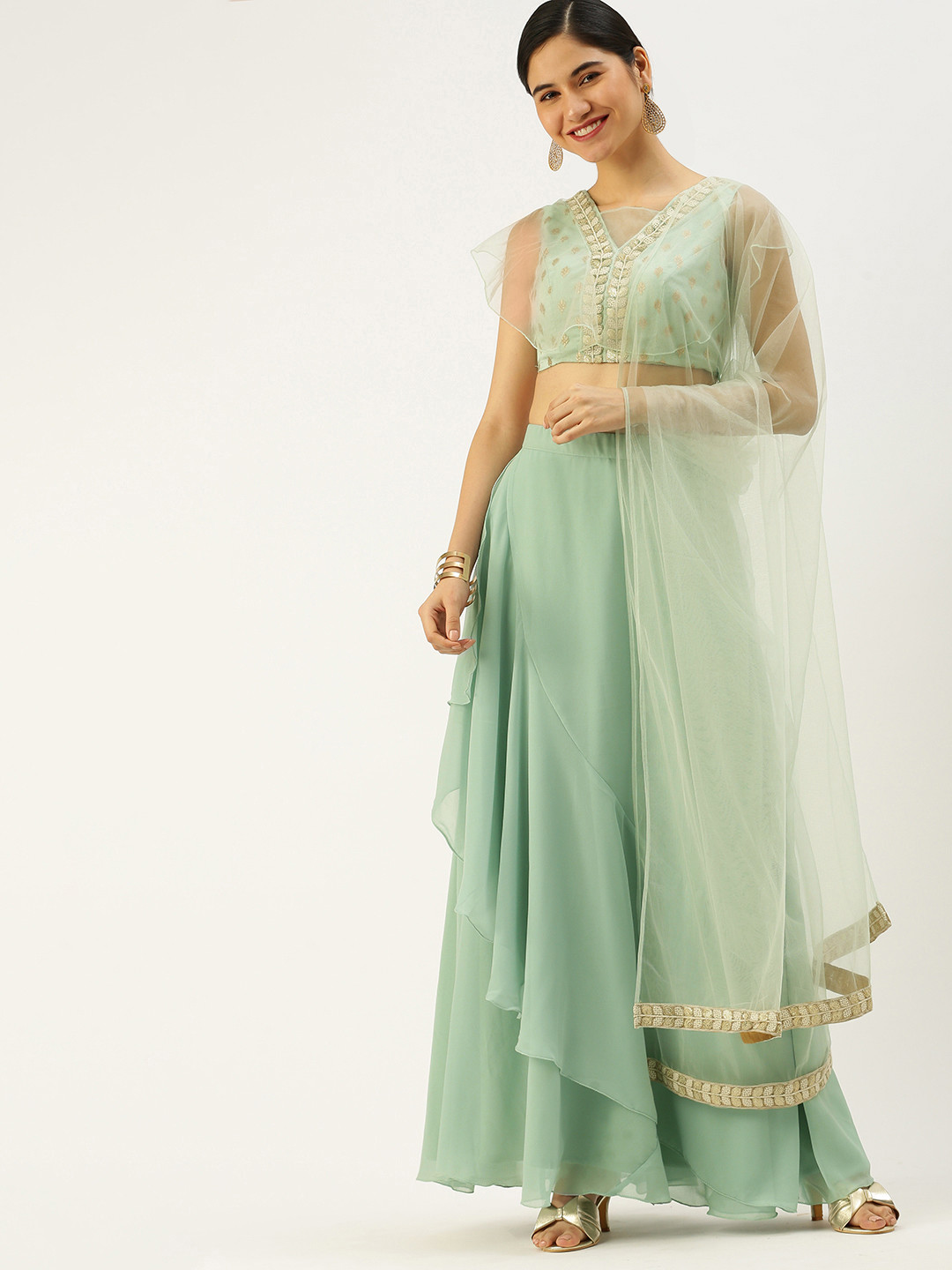

Ethnovog Blue Embellished Made to Measure Lehenga Blouse With Dupatta