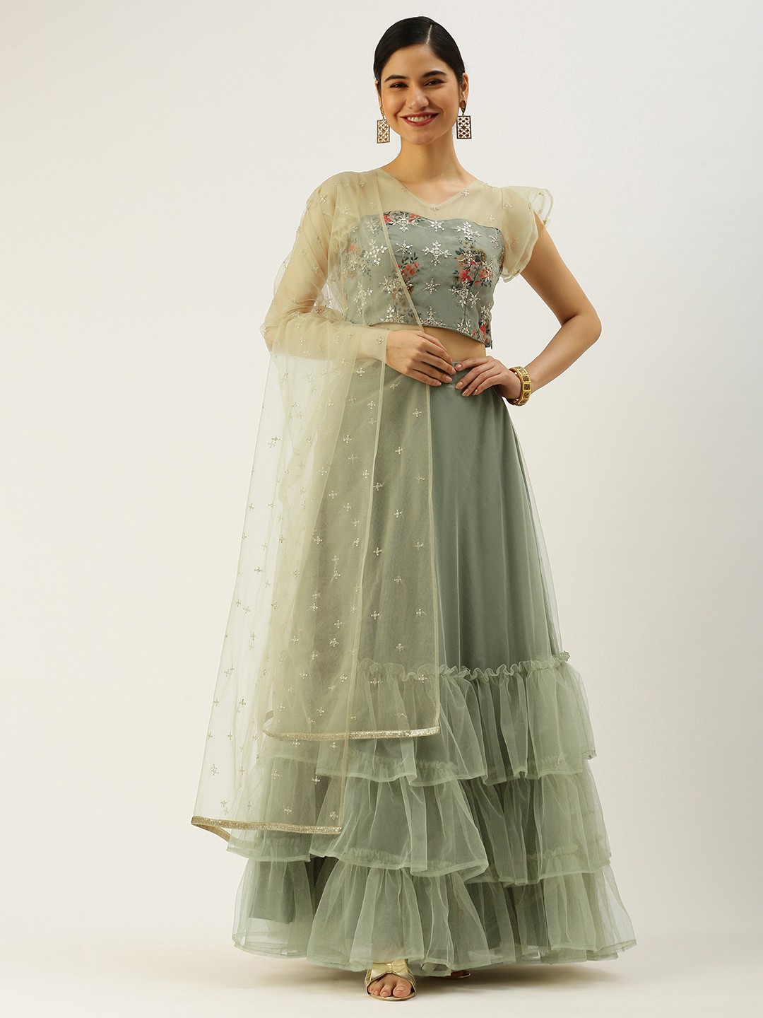 

Ethnovog Green Beige Embroidered Made to Measure Lehenga Blouse With Dupatta