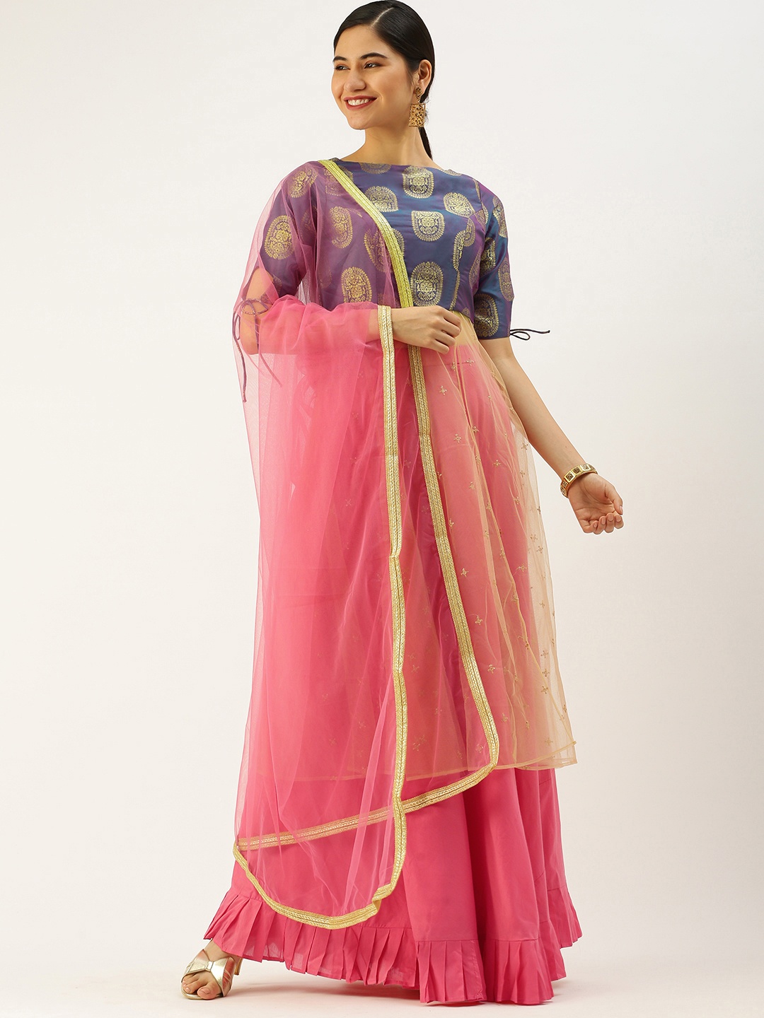 

Ethnovog Blue Pink Made to Measure Lehenga Blouse With Dupatta