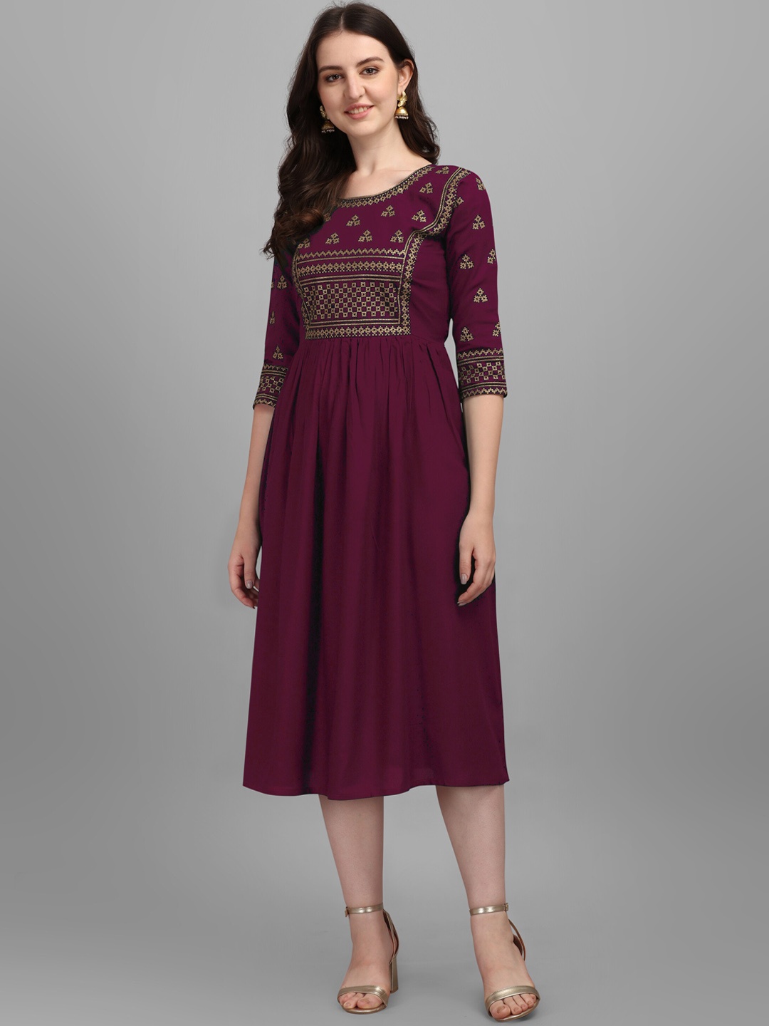 

FabFairy Women Purple Ethnic Motifs Yoke Design Foil Print Rayon Kurta