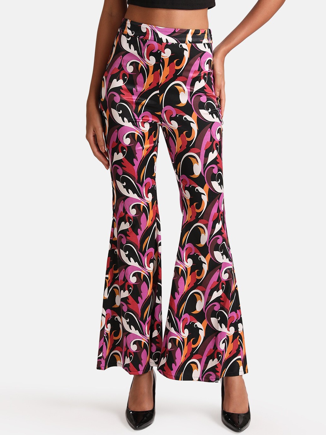 

Kazo Women Floral Abstract Printed Flared High-Rise Bell Bottom Trousers, Multi