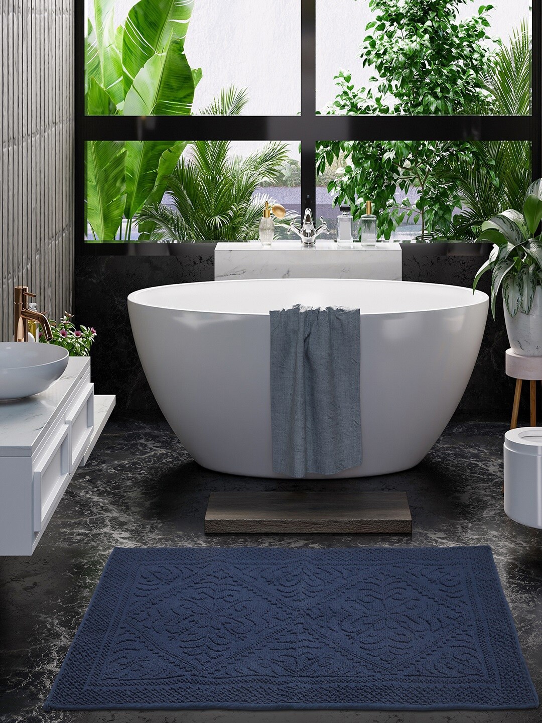 

Pano Navy Blue Cotton Anti-slip Bath Rugs