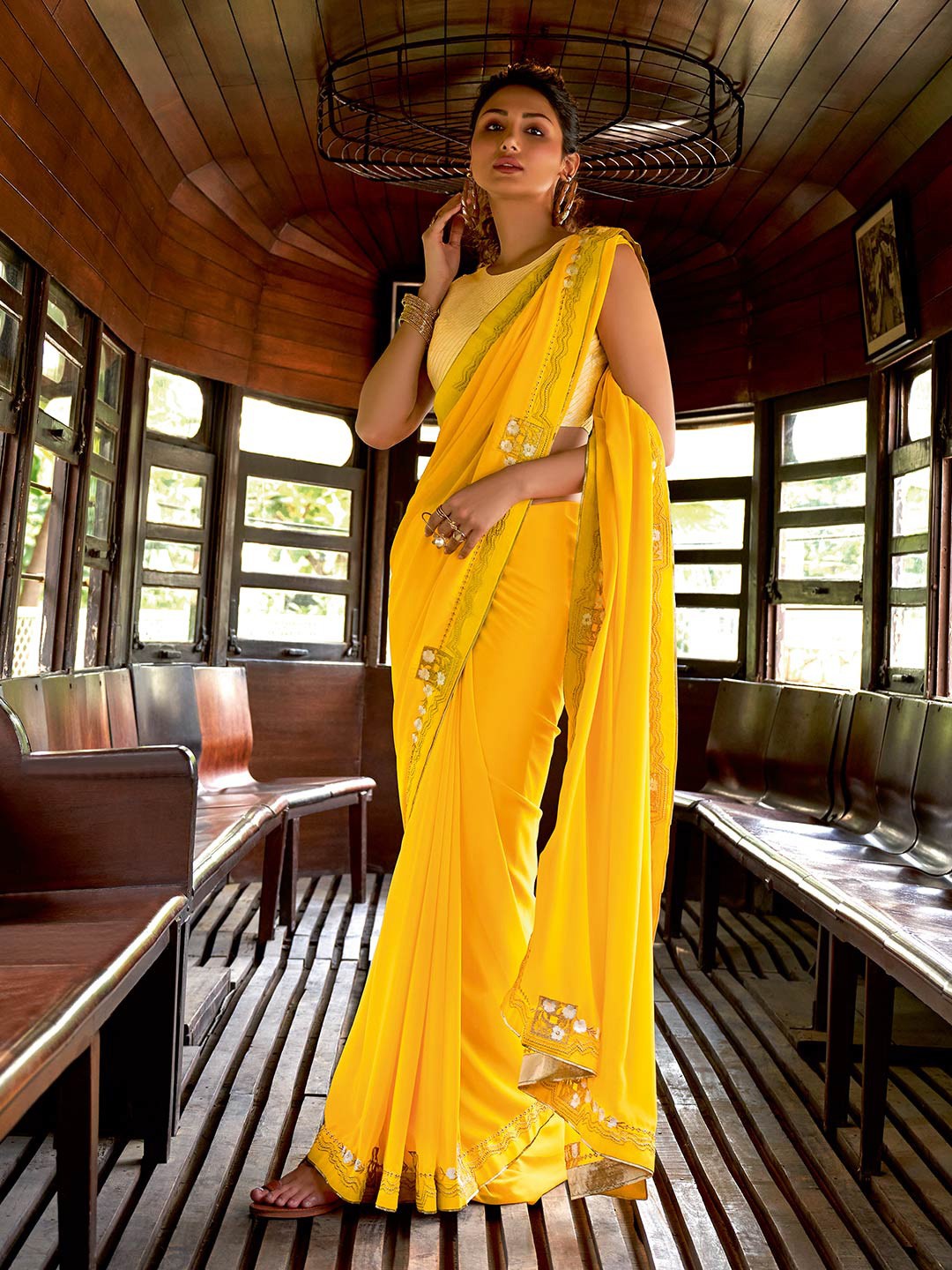 

Shaily Yellow & Grey Embroidered Pure Chiffon Saree