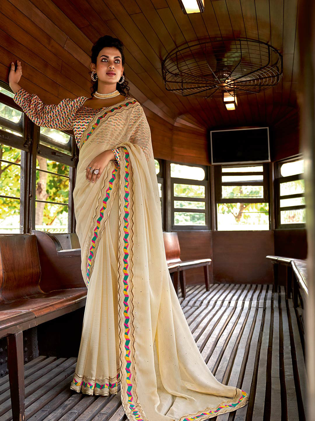 

Shaily Cream-Coloured & Yellow Embellished Embroidered Pure Chiffon Saree