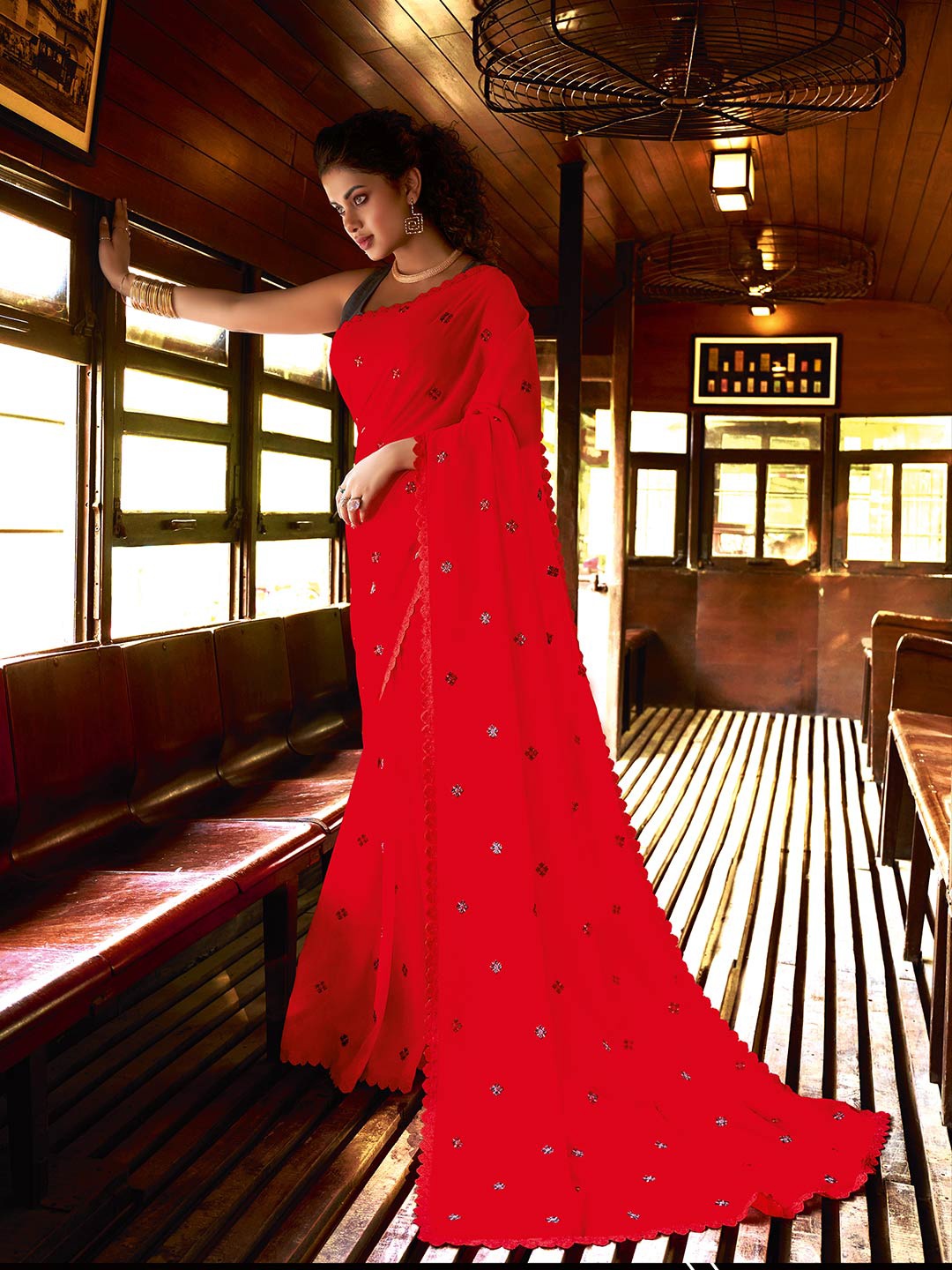 

Shaily Red Floral Embroidered Pure Chiffon Saree