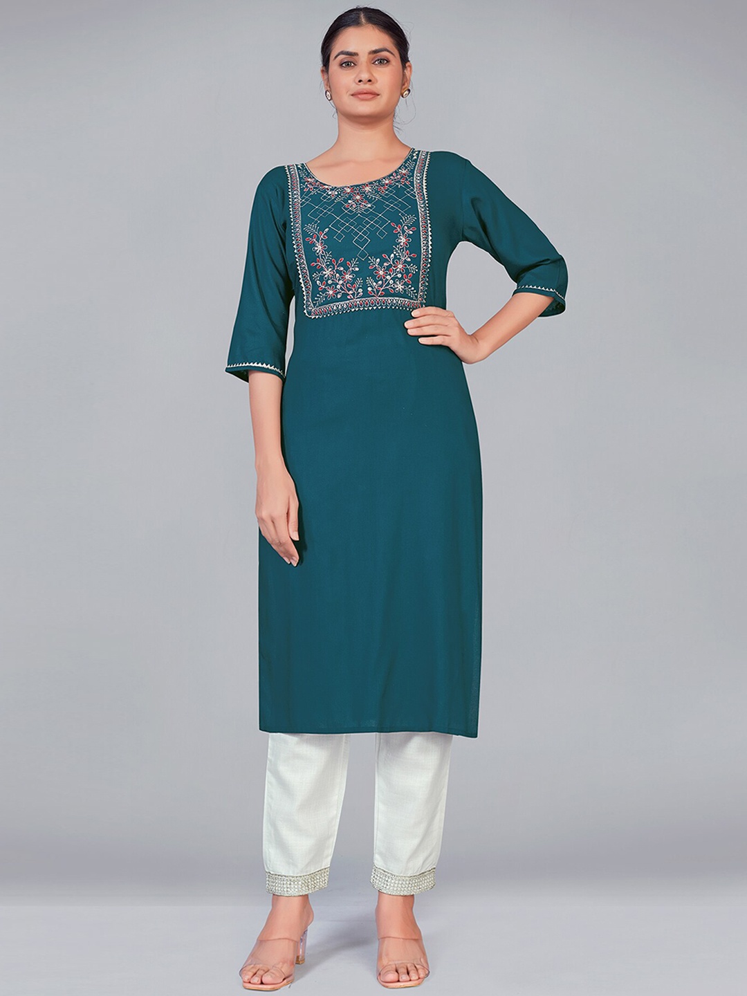 

MONJOLIKA FASHION Women Teal Blue Floral Yoke Design Kurta with Trousers