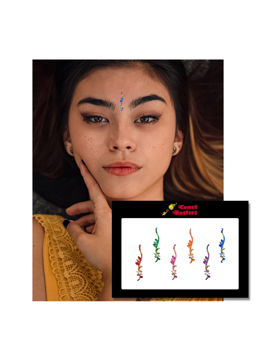 

Comet Busters 6 Pcs Multicoloured Curved Shape Stone Studded Bindi, Multi