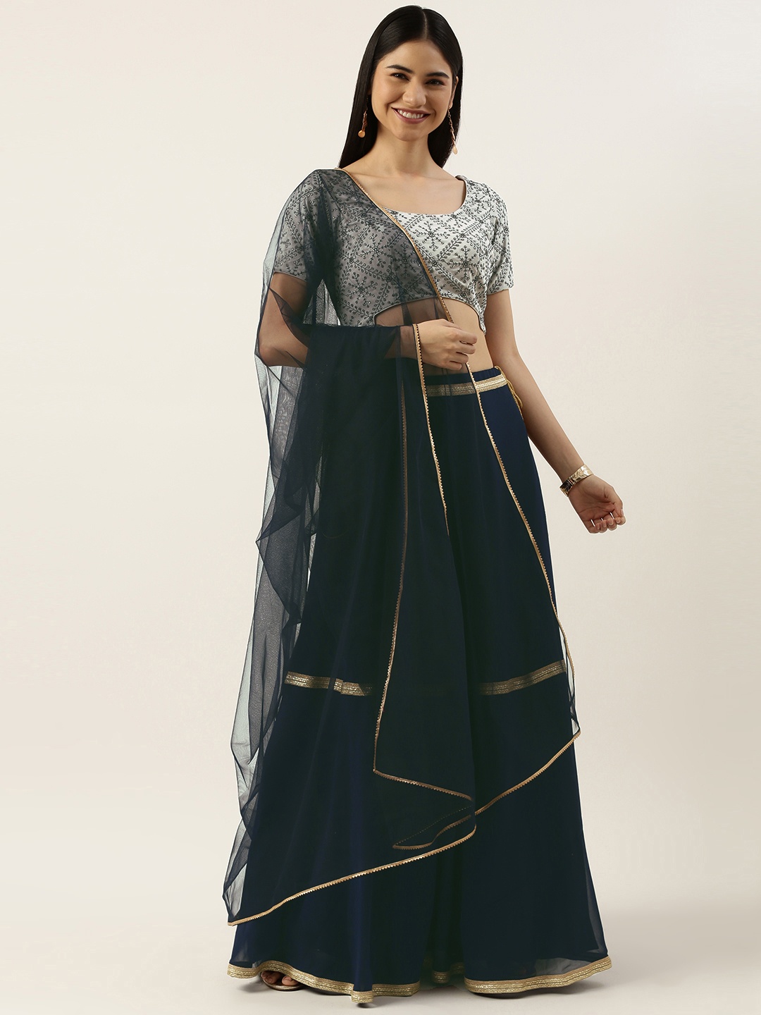 

Ethnovog Grey Navy Blue Embroidered Made to Measure Lehenga Blouse With Dupatta