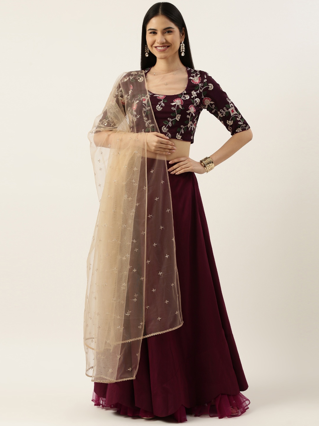 

Ethnovog Burgundy Beige Embroidered Made to Measure Lehenga Blouse With Dupatta