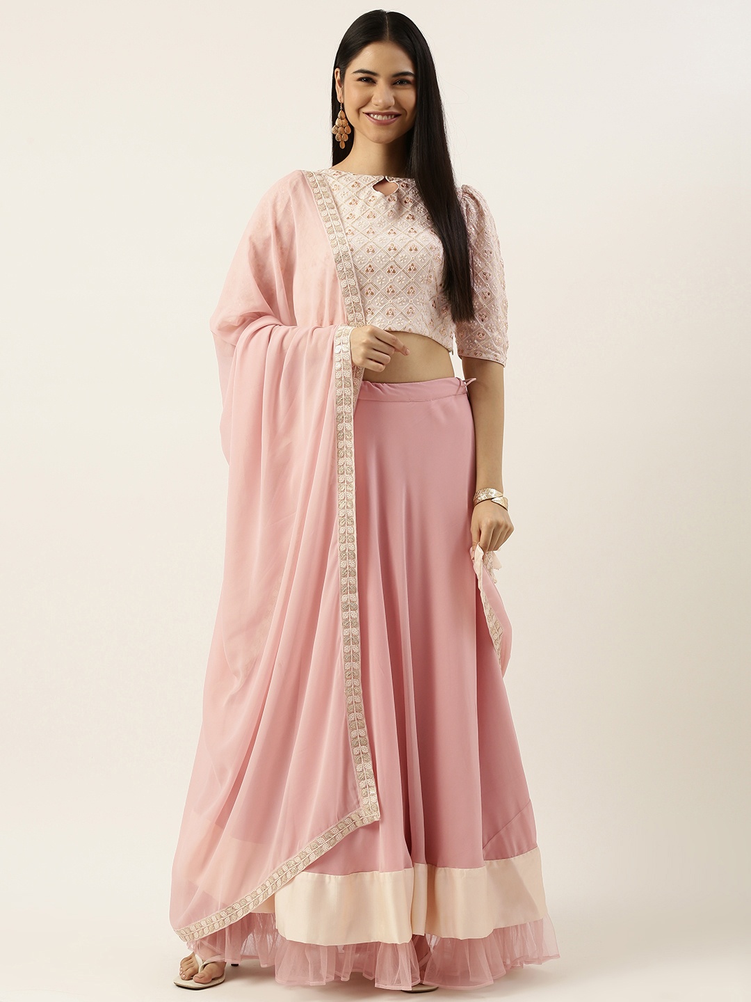 

Ethnovog Off White Pink Embroidered Made to Measure Lehenga Blouse With Dupatta