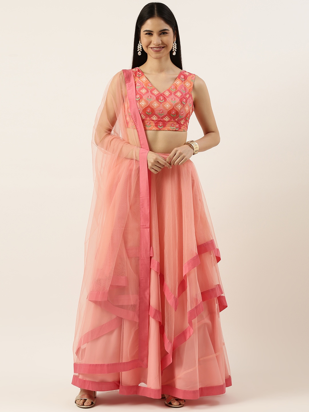 

Ethnovog Pink Green Embroidered Made to Measure Lehenga Blouse With Dupatta