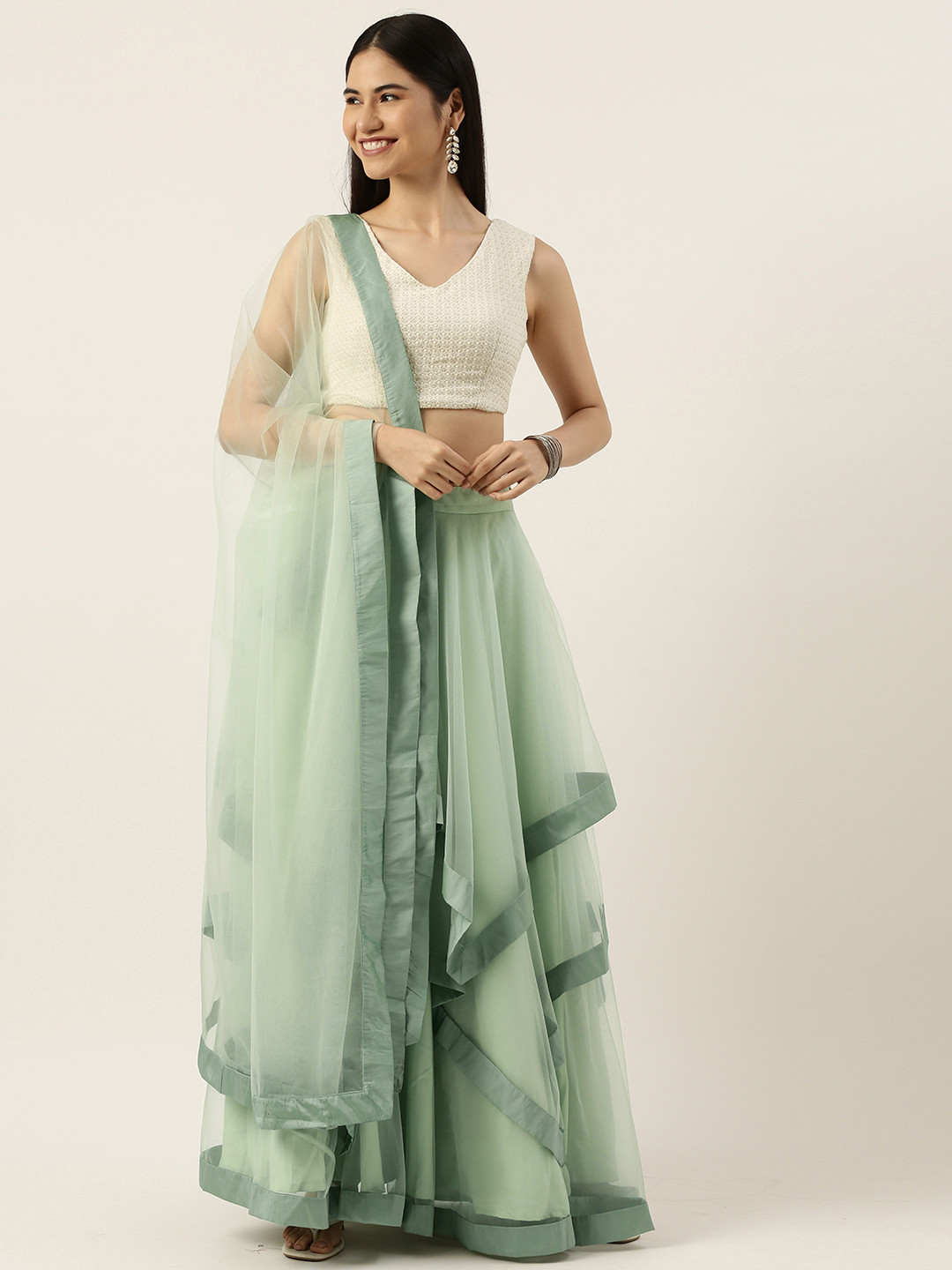 

Ethnovog White Green Made to Measure Lehenga Blouse With Dupatta