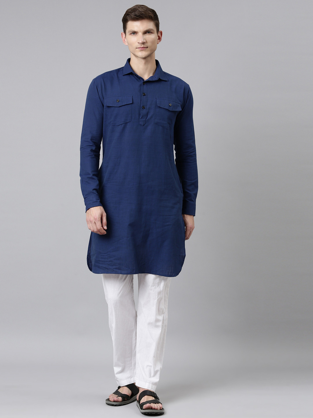 

WHITE HEART Men Navy Blue Cotton Pathani Kurta