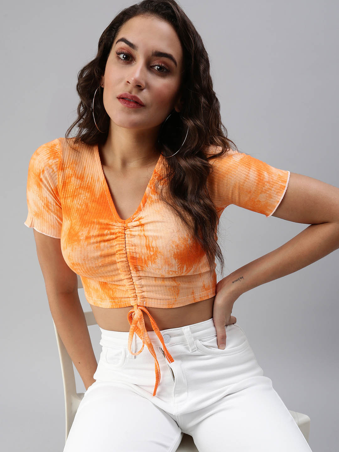 

SHOWOFF Orange Tie and Dye Print Crop Top