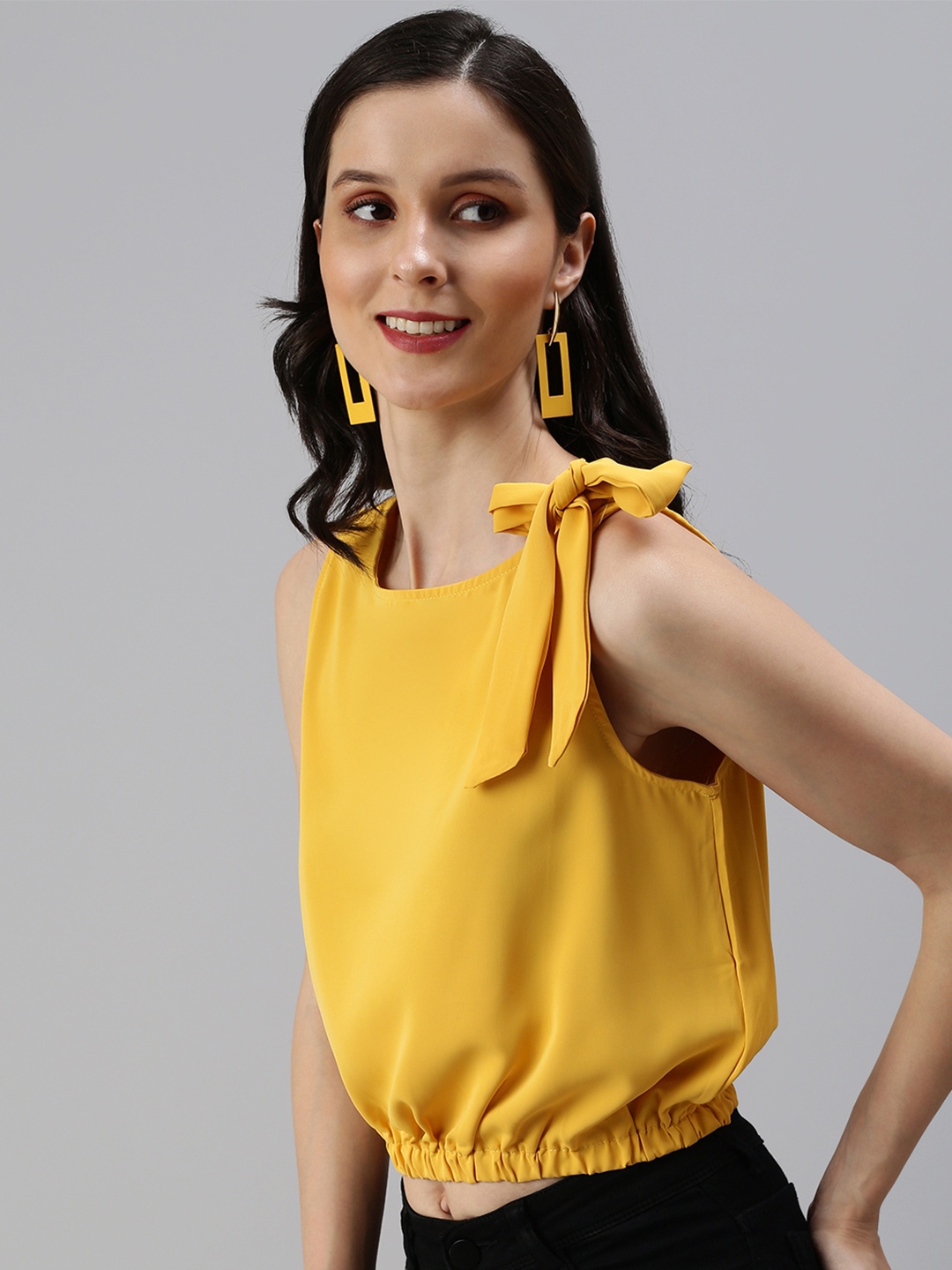 

SHOWOFF Mustard Yellow Cinched Waist Crop Top