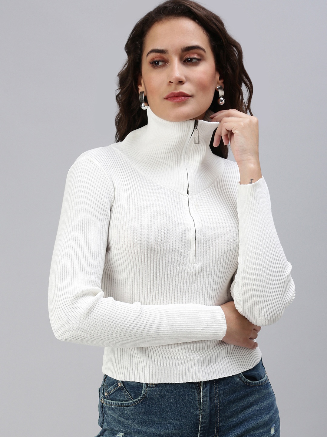 

SHOWOFF Women's Solid Regular White High Neck Top