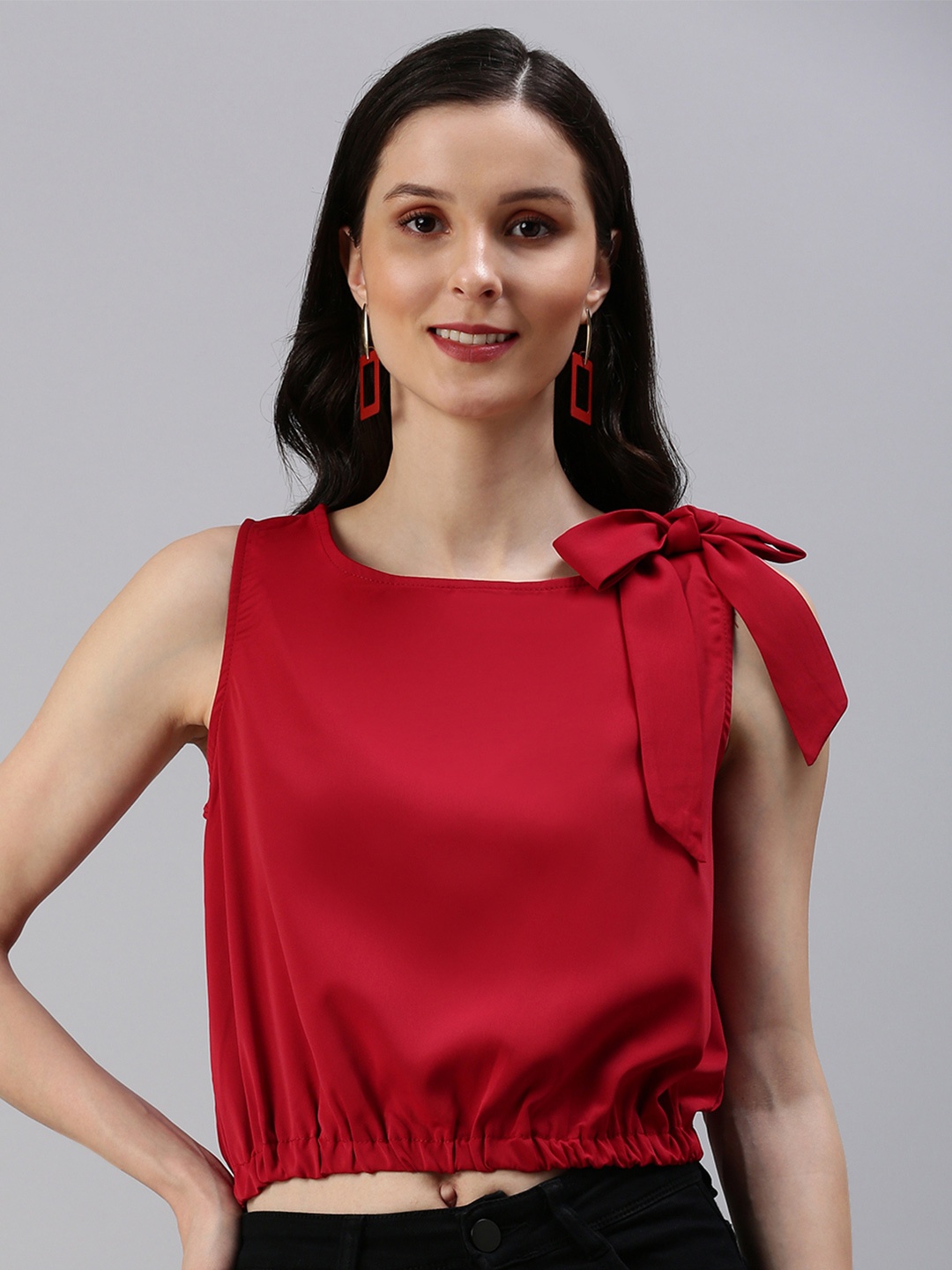 

SHOWOFF Maroon Cinched Waist Crop Boat Neck Top