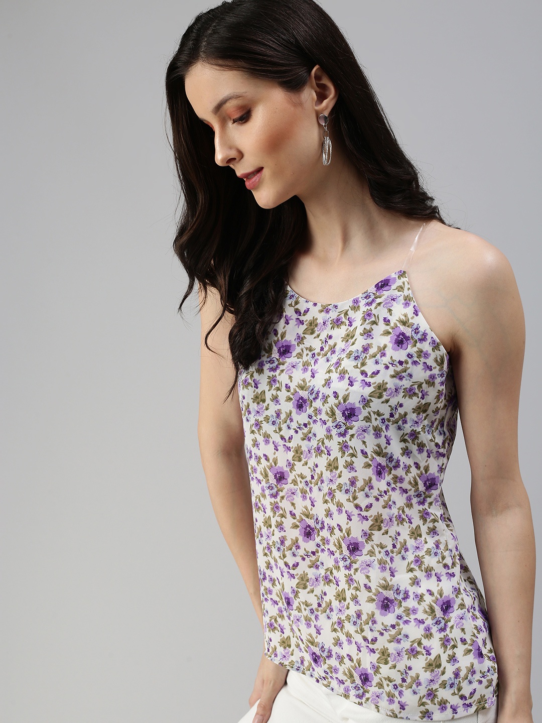 SHOWOFF White & Purple Floral Print Georgette Shoulder Straps Top