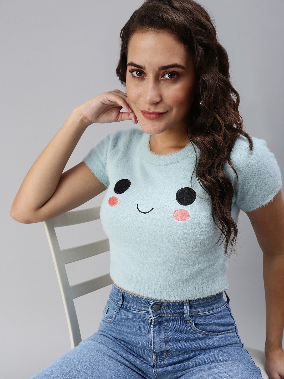 

SHOWOFF Women's Solid Fitted Blue Round Neck Crop Top