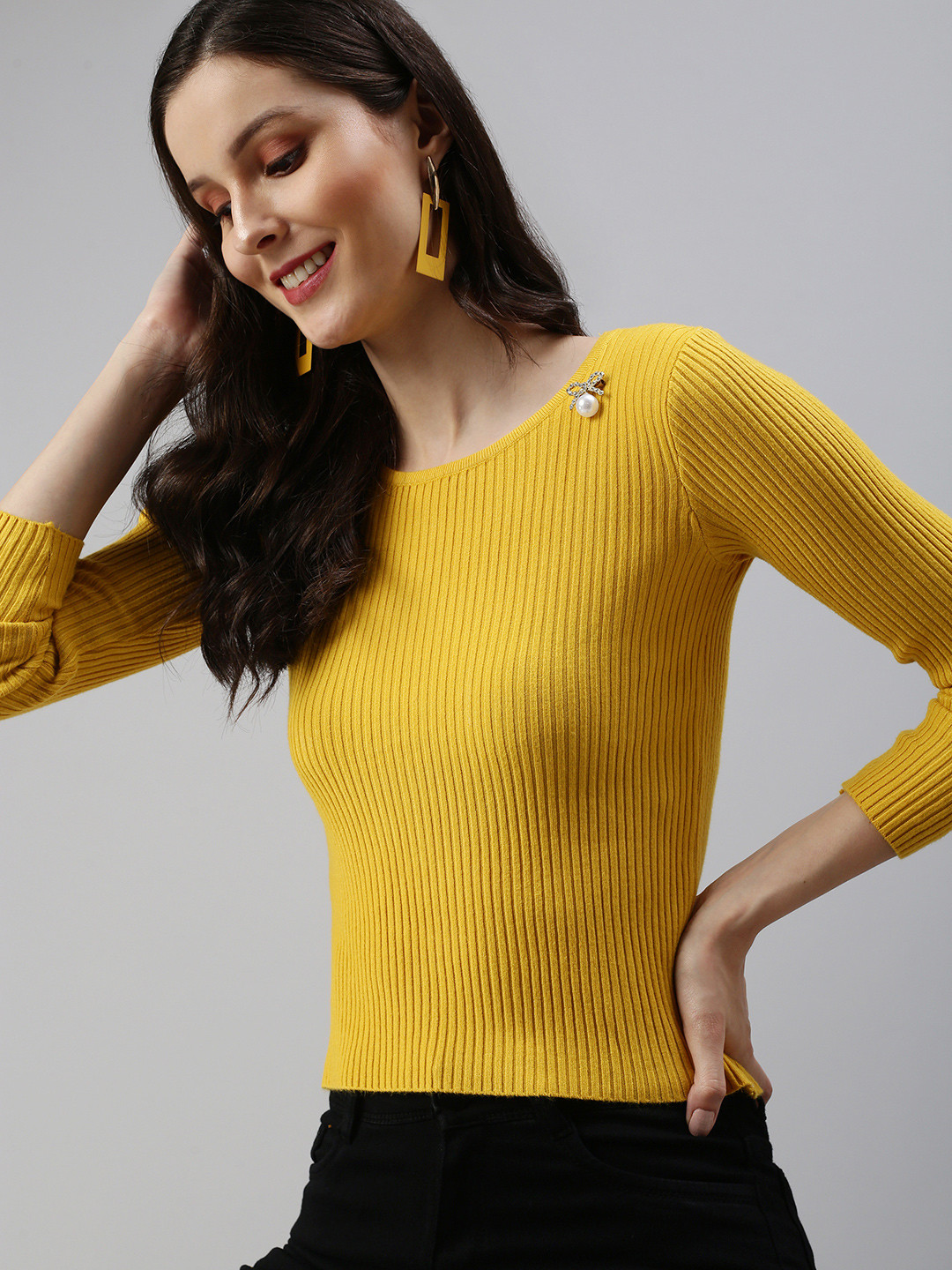 

SHOWOFF Mustard Yellow Ribbed Fitted Top