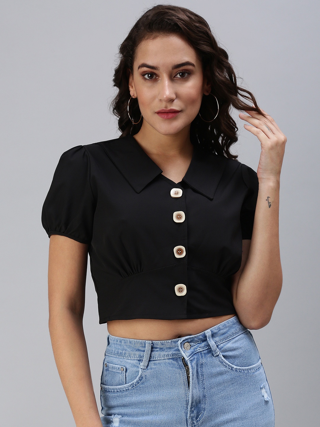 

SHOWOFF Women Black Crepe Shirt Style Crop Top