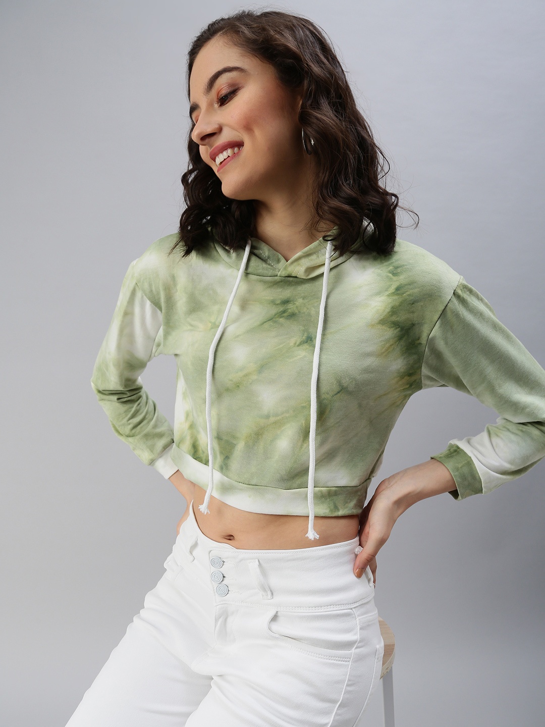 

SHOWOFF Green Tie and Dye Print Crop Top