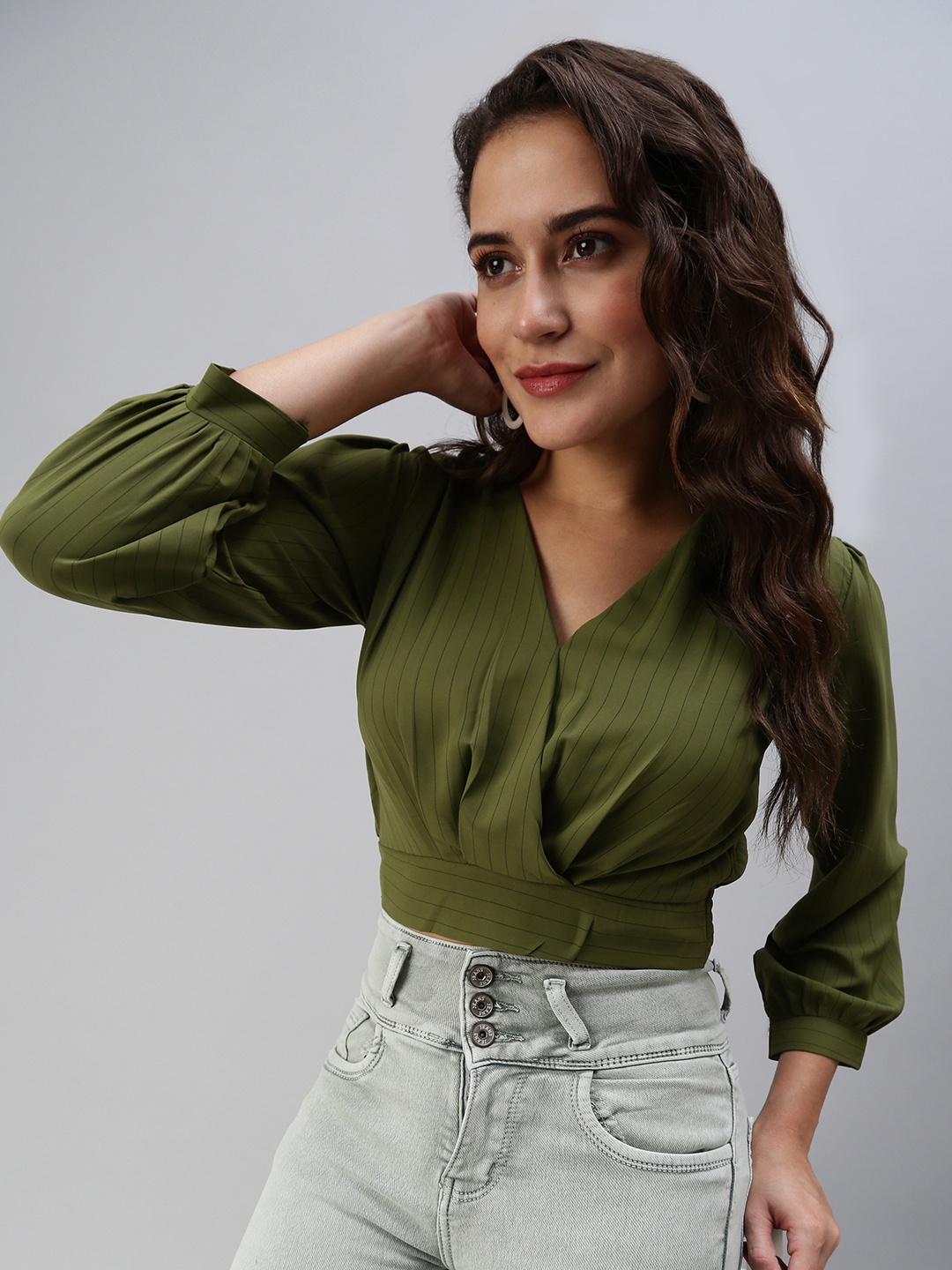 

SHOWOFF Olive Green Crepe Wrap Crop Top