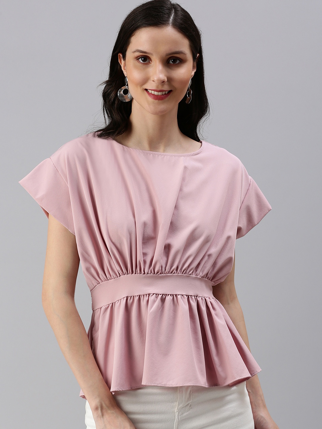 

SHOWOFF Mauve Extended Sleeves Crepe Cinched Waist Top