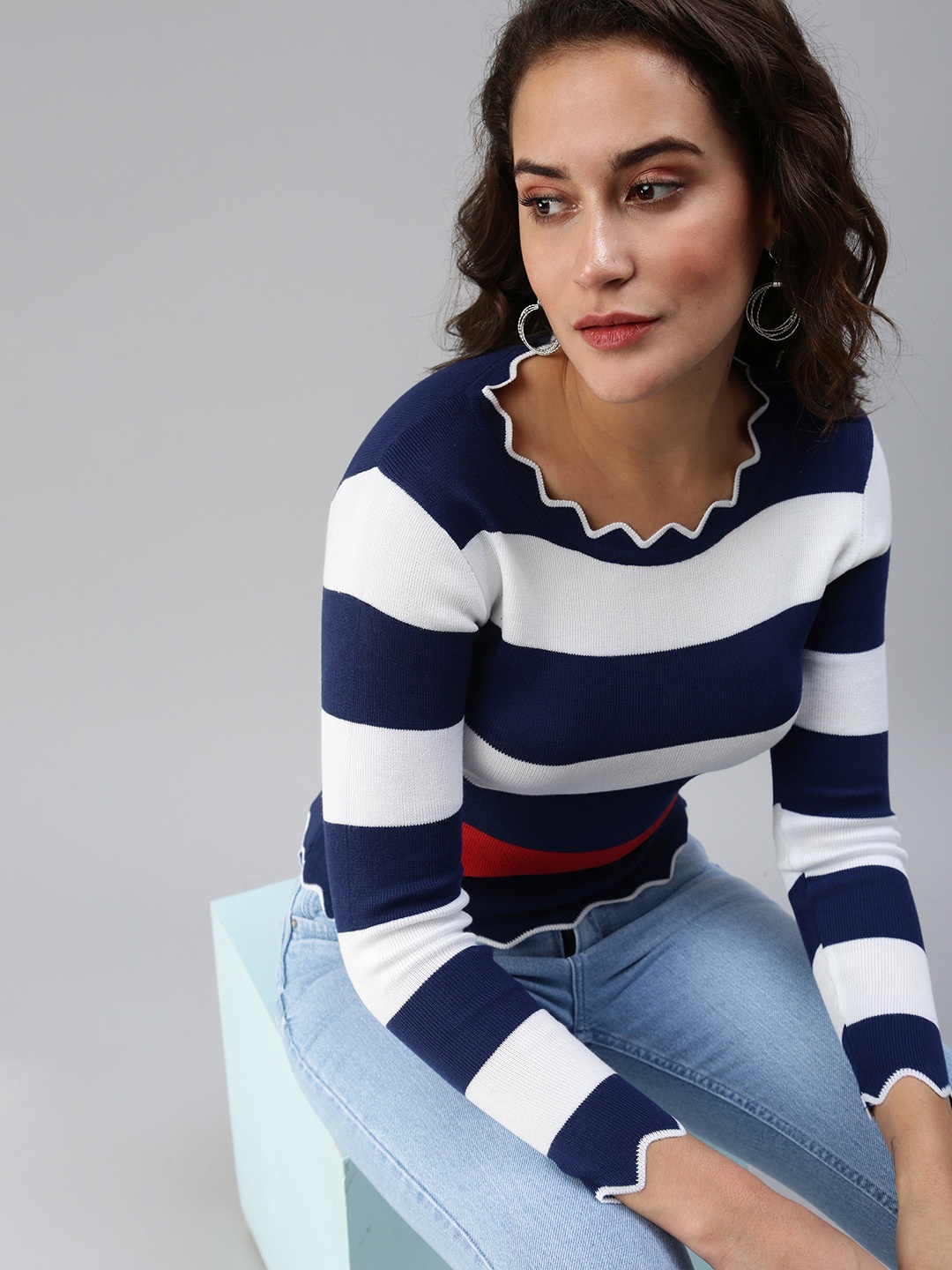 

SHOWOFF Navy Blue & White Striped Top